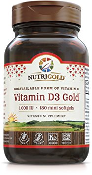 Nutrigold Vitamin D3 1000 Iu GMO-Free, Preservative-Free, Soy-Free, USP Grade Natural Vitamin D in Organic Olive Oil Mini Soft Gels, 7 Ounce