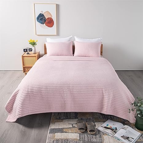 KASENTEX Quilt-Bedding-Coverlet-Blanket-Set, Machine Washable, Ultra Soft, Lightweight, Stone-Washed, Detailed Stitching - Solid Color (Pink, Oversized King   2 King Shams)