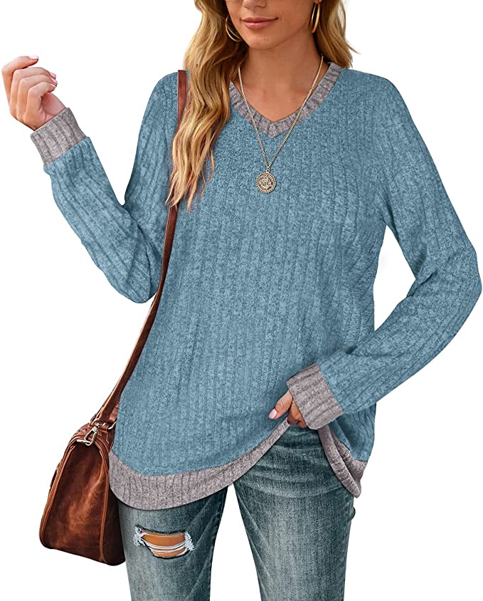 Aokosor Sweaters for Women Lightweight V Neck Long Sleeve Tunics for Leggings Soft Color Block