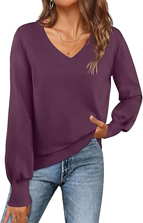 MEROKEETY Women's 2024 Fall Long Sleeve V Neck Tops Casual Lightweight Knit Pullover Sweater Shirts