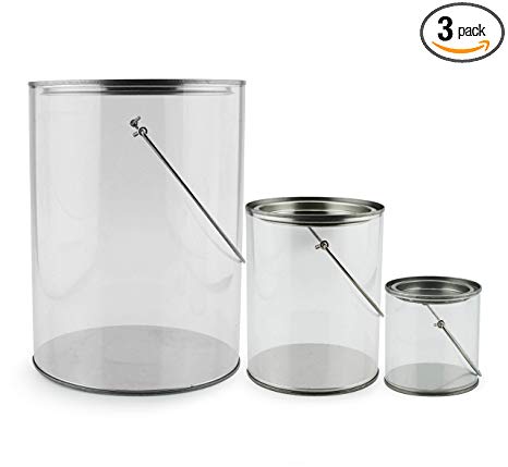 Set of 3 Plastic Paint Cans (Mini, Quart & Gallon); Clear Arts & Crafts Paint Buckets for Decorative & Party Use