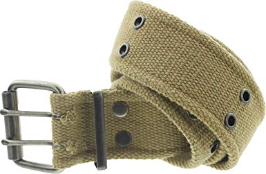 Military Double Prong Canvas Belt, Heavy Duty Thick Cotton Army Pistol Grommet 2 Hole 1.75 inches