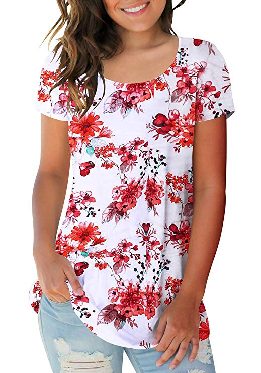 Sousuoty Summer Floral Print Tops for Women Casual Scoop Neck T Shirt