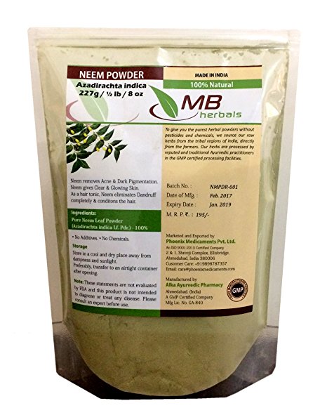 MB Herbals Pure Neem Leaf Powder 227g | Half Pound | 8 oz/0.5 LB | 100% Pure Wild crafted | Very Bitter Neem Supplement for Skin Hair & Detox - Azadirachta indica