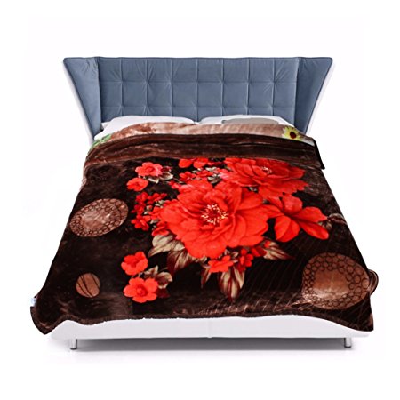 JYK 10 lbs King Ultra Silky Heavy Thick Korean Mink Bed Blanket, Two-Ply Printing Reversible (Flower&Brown)