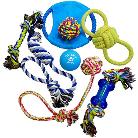 Otterly Pets Dog Toys (8-PACK) - Assorted Tough Ropes and a Single Indestructible Natural Rubber Ball for Small to Medium Dogs