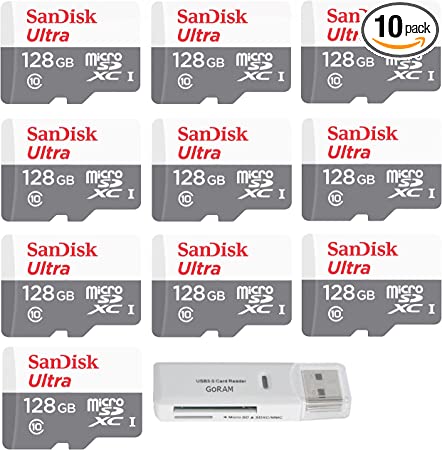 SanDisk 128GB Ultra (10 Pack) MicroSD Class 10 100MB/s Micro SDXC Memory Card for Smartphone SDSQUNR-128G Bundle with (1) GoRAM Reader (128GB, 10 Pack)