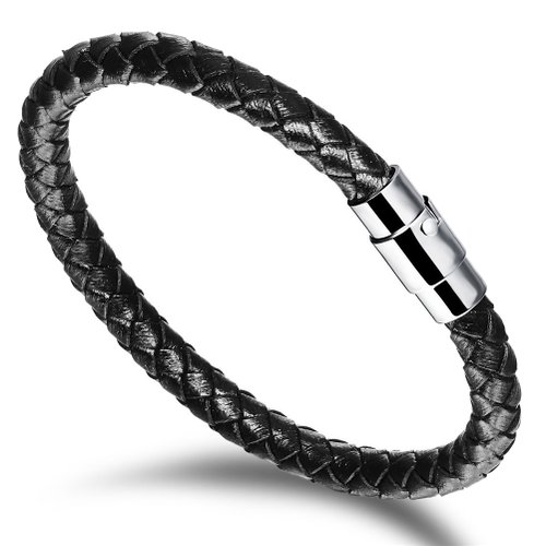 JOEYOUNG Fashion Jewelry Wide Braided Leather Bracelet Bangle for Men and Women Black Fabric Leather Wristband Bangle with Stainless Steel Magnetic Box Clasp