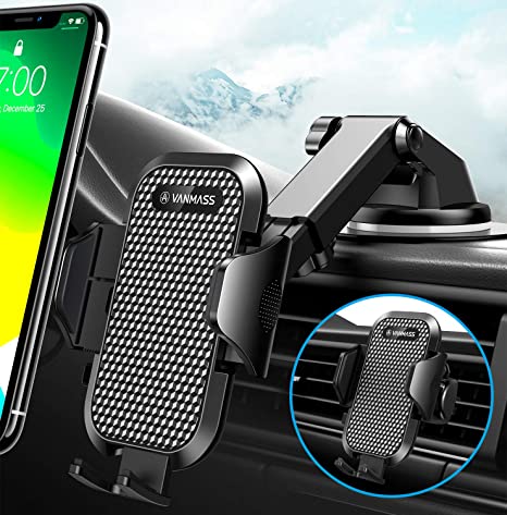 [2020 Upgraded] VANMASS Car Phone Mount [Fingerprint Clamps] Hands-Free Phone Holder for Car Dashboard Windshield Air Vent, Super Suction, Compatible iPhone 11 Xs Max XR X 8 SE Samsung S20 S10 Note 10