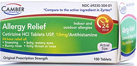 Camber Consumer Care Allergy Relief Cetirizine HCI Tablets | All-Day Allergy Relief for Sneezing, Itchy Eyes, Watery Eyes, Itchy Throat | 100 Tablets, 10mg of Powerful Antihistamine