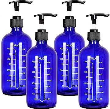Youngever 4 Pack 16 Ounce Glass Boston Round Bottles, Glass Soap Dispensers with Measurement, Great for Essential Oils, Lotions, Liquid Soaps (Blue)