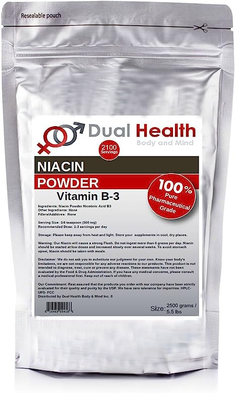 Dual Health Body & Mind Pure Niacin (2500 Grams (5.5 lbs)) Vitamin B3 Nicotinic Acid Powder Bulk Supplements