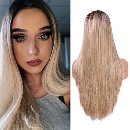 Fani Ombre Blonde Synthetic Full Wig for Women, Glueless Long Straight Blonde Wigs Realistic Looking Non-Lace Front Dark Brown Roots Middle Part 22 Inch