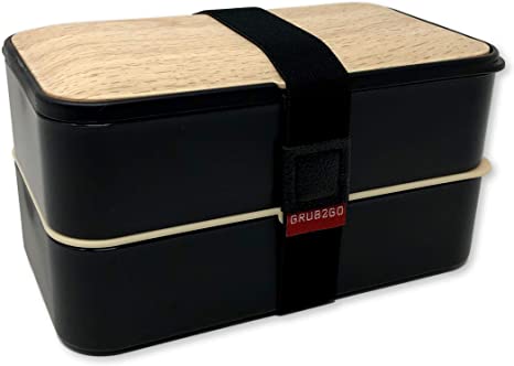 THE ORIGINAL Japanese Bento Box (Upgraded 2020 Black & Bamboo Design) w/ 2 Dividers   Larger Utensils w/Holder - Leakproof Lunch Container