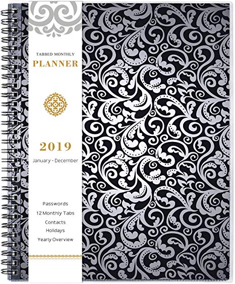 Planner 2019 - Weekly & Monthly Planner with 12 Monthly Tabs, January 2019 - December 2019, Twin-Wire Binding, 8.5" x 11", Black Flowers