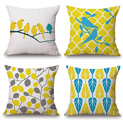 LAZAMYASA 4-Pack Pillowcases Cotton Linen Decorative Throw Pillow Covers Letter Vintage Floral Bird Mediterranean Style Square Cushion Cover Size 18" (18x18inch, pattern 2)