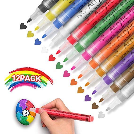 Acrylic Paint Marker Pens - Set of 12 Colors Water Based for Rock Painting, Stone, Glass, Wood, Paper Decoration,Custom Mug Design,DIY Project, Gifts for Kids (12 Colors)