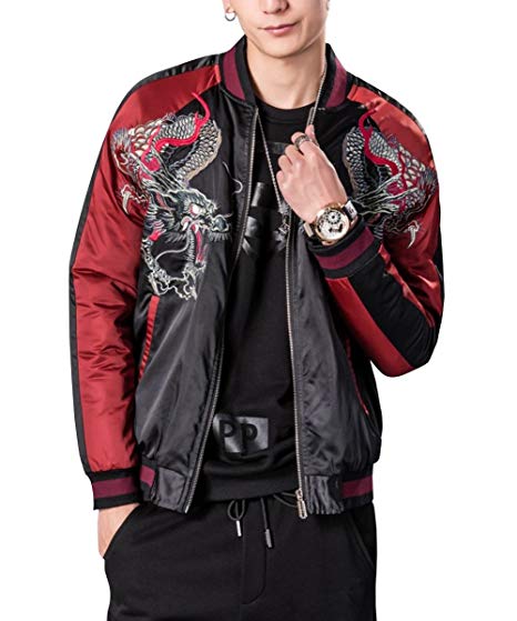 LETSQK Men's Retro Casual MA-1 Air Force Dragon Embroidery Baseball Bomber Jacket