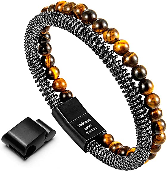 murtoo Mens Bracelet Bead and Steel, Black Steel Chain and Tiger Eye Bead Bracelet and Cuff for Men with Magnetic Clasp 7 to 8 Inches