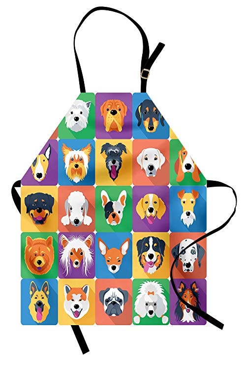 Ambesonne Dog Apron, Dog Breeds Profiles Pets Shepherd Terrier Labrador Domestic Animals Illustration, Unisex Kitchen Bib Apron with Adjustable Neck for Cooking Baking Gardening, Purple Green