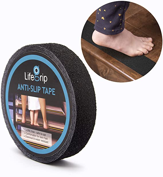 LifeGrip Anti Slip Safety Tape, Non Slip Stair Tread, Textured Rubber Surface, 1 inch by 15 feet, Comfortable for Bare Foot, Black (1" X 15')