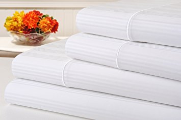 Kathy Ireland 400 Thread Count 100% Cotton Stripe Bed Sheet Set, Full Size Bed Sheets 4 Piece Set, Long-staple Combed Pure Cotton Bedsheets, Soft & Silky Sateen Weave by Home (Full, White)