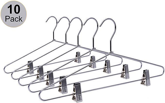Quality Hangers 10 Heavy Duty Metal Skirt Hangers Coat Hangers with Clips, Polished Chrome (Skirt Blouse Hanger - 10 Pack)