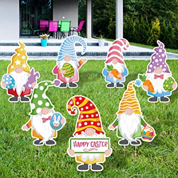 Zonon 7 Pieces Easter Gnomes Yard Signs Gnomes Bunny Eggs Yard Signs with 14 Stakes for Easter Day Large Outdoor Lawn Garden Decorations