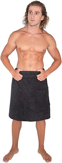 Arus Men's GOTS Certified Organic Turkish Cotton Adjustable Closure Spa Shower and Bath Wrap Black Small-Medium