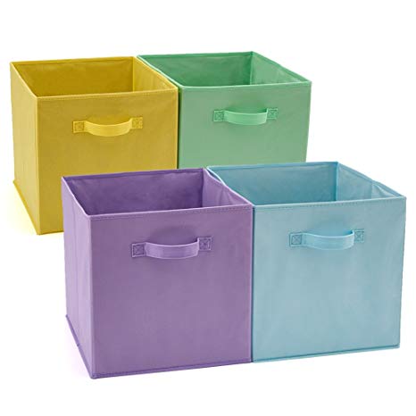 EZOWare Set of 4 Foldable Fabric Basket Bin, Collapsible Storage Cube for Nursery Toys Shelves (13 x 15 x 13 inches) (Assorted Color)