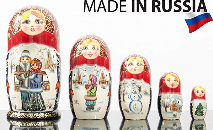 Russian Nesting Doll -Village Scenes - Hand Painted in Russia - 5 color/size variations - Traditional Matryoshka Babushka (6.75``(5 dolls in 1), Scene E)