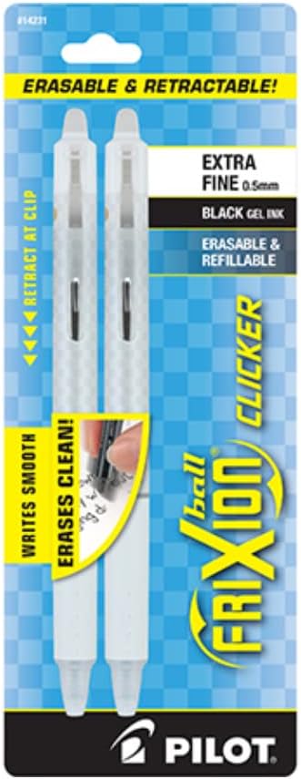 PILOT Frixion Clicker Retractable & Erasable Gel Ink Pen, White Fashion Barrel, 0.5mm Extra Fine Point, Black Ink, 2 Pens