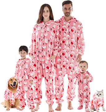 Family Christmas Pajamas Matching Set, Drop Seat Onesie Hooded Zip Up One Piece PJs for Couples, Kids, Baby, Pets
