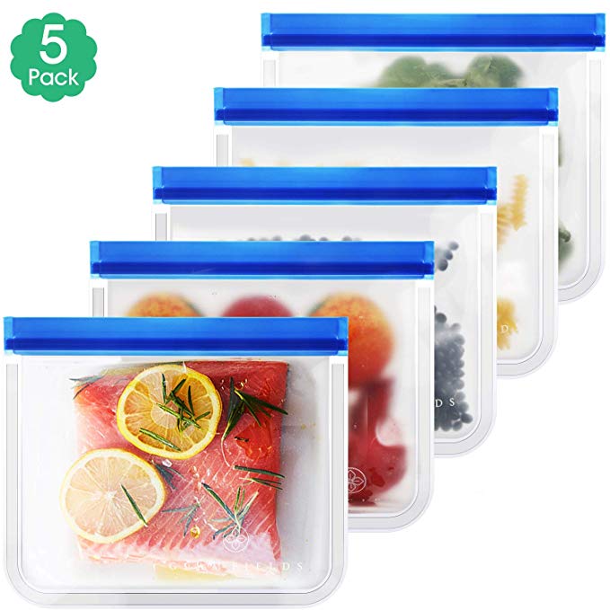 Reusable Storage Bags, FDA Food Grade PEVA Ziplock Bags, Leakproof and Fresh for Snacks, Fruits, Lunch, Sandwiches, Washable and Reusable, Extra Thick for Organization- (Pack of 5) (Blue)