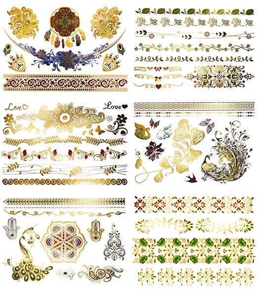 Boho Floral Temporary Metallic Tattoos - Over 75 Designs, Gold Silver Metallic Colors (6 Sheets) Terra Tattoos Aria Collection