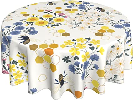 Blue Yellow Daisy Floral Tablecloth Round 60 Inch Summer Honey Bee Tablecloths Washable Flower Outdoor Table Clothes Circle Table Cover for Dining Room Picnic Party Home Decor