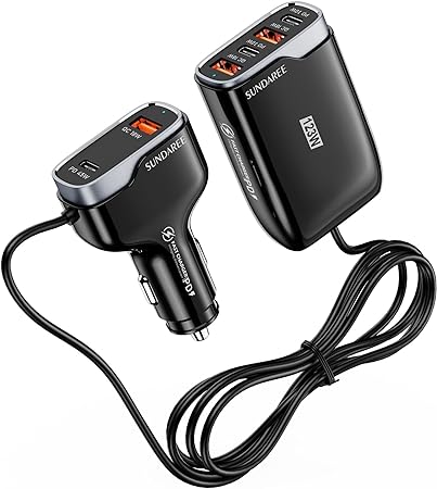 SUNDAREE Car Charger Multiport,123W 12V-24V PD QC Multi 6 Port 1.75M Cable Back Seat Fast Charging Phone USB C Cigarette Lighter Adapter for Samsung A53/Google Pixel/iPhone 14/Galaxy Tab/iPad/Macbook