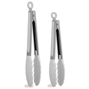 Country Kitchen Stainless Steel Silicone Tipped Kitchen Food BBQ and Cooking Tongs Set of Two 10” and 13” for Non Stick Cookware, BPA Fee, Stylish, Sturdy, Locking, Grill Tongs, Gunmetal and White