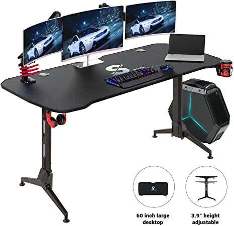Homall Gaming Desk 60 Inch PC Computer Desk Office Table Worksation T-Shape Higeht Adjustable with Full Desk Mouse Pad,Gaming Handle Rack,Cup Holder and Head Set Rack(Black Leg)