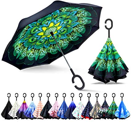 ZOMAKE Double Layer Inverted Umbrellas for Women, Reverse Folding Umbrella Windproof UV Protection Big Straight Umbrella for Car Rain Outdoor with C-Shaped Handle