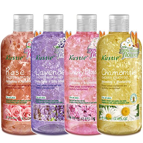 [4-PACK] Rose, Lavender, Chamomile, Cherry Blossom Body Wash - Flower Petals Shower Bath Gel - Handpicked Flower Petals - with Essential Oil - Refreshing and Moisturizing - For All Skin (4 x 380ml)