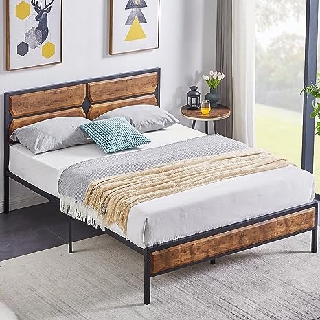 VECELO Queen Size Platform Bed Frame with Wood Headboard/Mattress Foundation/Premium Steel Slats Support/No Box Spring Needed,Brown(Modern)