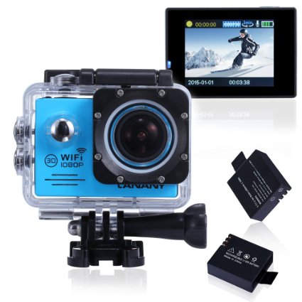 Canany WIFI Waterproof Sports Action Camera Full HD 1080P 12M 2.0inch with 2 Batteries and Free accessories kit (Blue)