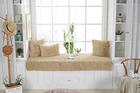 Sincere Custom Size Plush Bay Window Seat Pad/Cover/Mats, Sofa Slipcovers, Thickened Non-Slip Couch Bench Seat Cover Indoor Area Rugs Pads Carpet for Bedroom (Khaki, 28x71 inch)