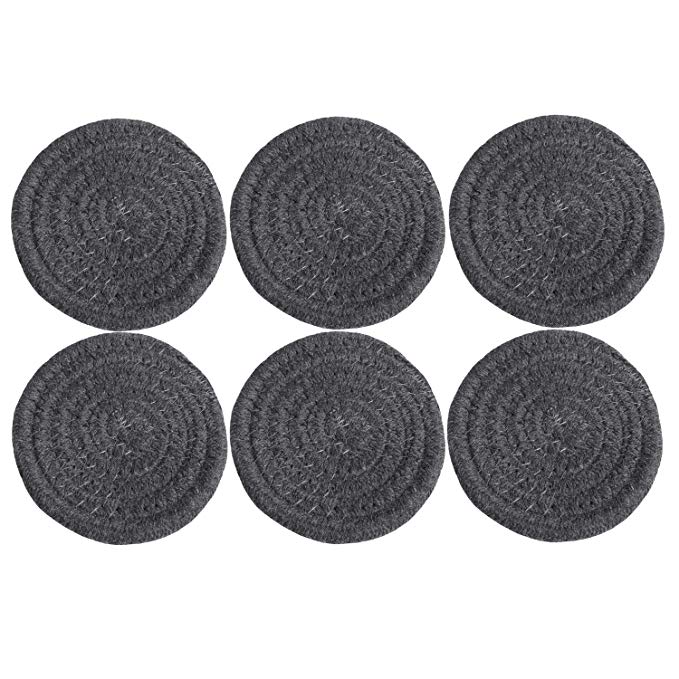 SHACOS Woven Braided Coasters Set of 6 Cotton Thick Large Drink Coasters Absorbent Heat Resistant Hot Pads Mats 4.3 inches (Dark Gray)