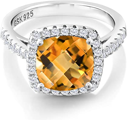 Gem Stone King 925 Sterling Silver Yellow Citrine and White Created Sapphire Women's Engagement Ring (2.50 Ct Cushion Checkerboard, Gemstone Birthstone)