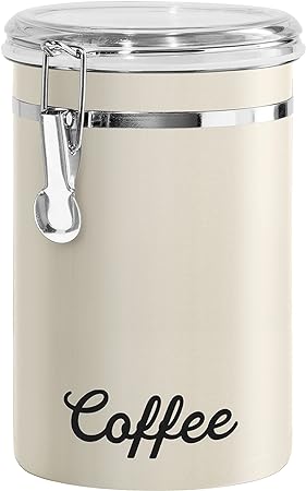 Oggi Stainless Steel Coffee Canister 62 fl oz - Airtight Clamp Lid, Warm Gray, Tinted See-Thru Top - Ideal for Coffee Bean Storage, Ground Coffee Storage, Kitchen Storage, Pantry Storage. 5 x 7.5