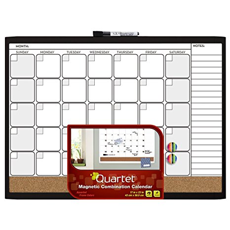 Quartet Dry Erase Board / Cork Board, Calendar Board, Magnetic, 17" x 23", 1-Month Design with List, Black Frame (79380-WM)