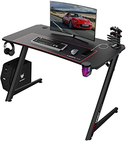 Lemberi 44 Inch Gaming Desk, Z-Shaped Computer Desk with Large Mouse Pad, Professional Game Work Station, PC Gamer Table with USB Gaming Handle Rack, Cup Holder&Headphone Hook (Black)