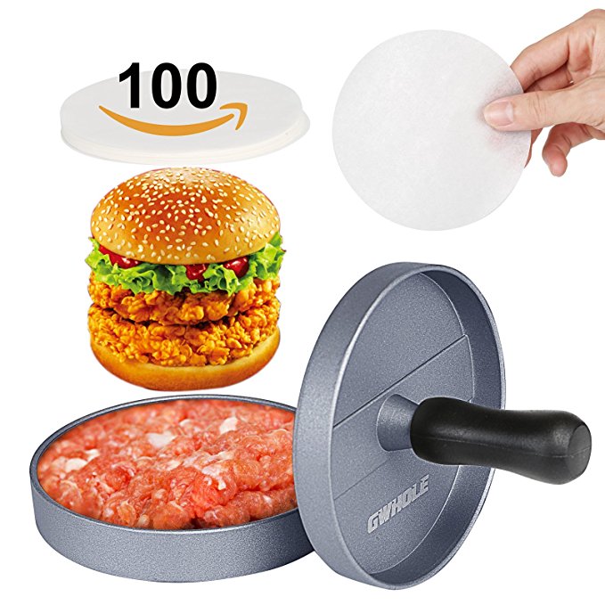 GWHOLE Non-stick Hamburger Press with 100 Wax Discs, Ideal for BBQ, Lifetime Warranty